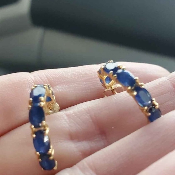 14k solid yellow gold earrings with blue sapphire 3g Hoop Earrings - Picture 2 of 7